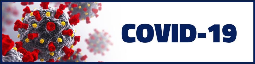A banner showing what a virus looks like under a microscope and COVID-19 next to it